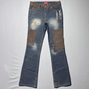 Vintage Southpole Patchwork Y2K Jeans Womens 5 Blue Brown Suede Leather Flare